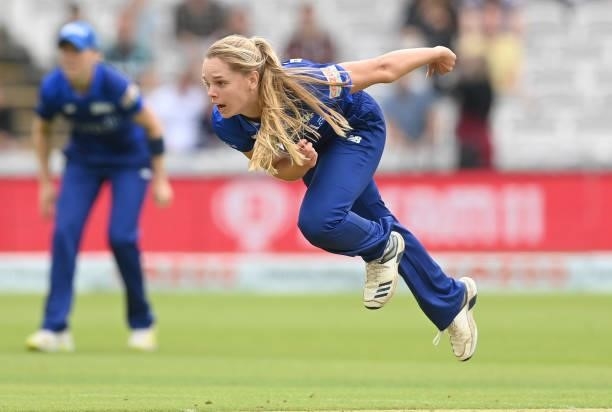 Freya Davies of London Spirit bowls during The Hundred match between London Spirit and Oval Invincibles at Lord's Cricket Ground on July 25, 2021 in...