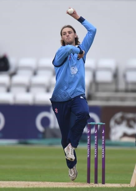 Freddie Heldreich of Northamptonshire bowls during the Royal London Cup match between Northamptonshire and Glamorgan at The County Ground on July 25,...