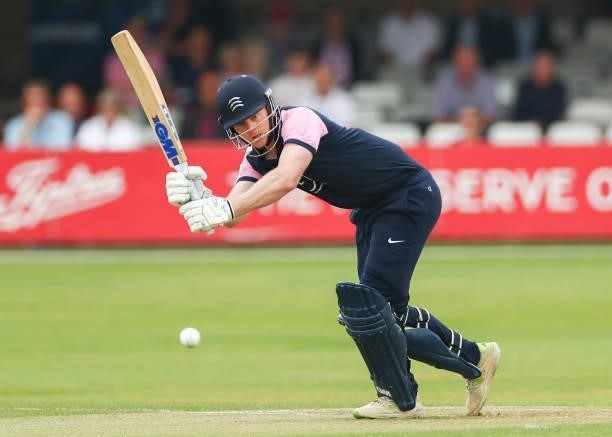 Sam Robson of Middlesex bats during the Royal London Cup match between Essex and Middlesex at Cloudfm County Ground on July 25, 2021 in Chelmsford,...