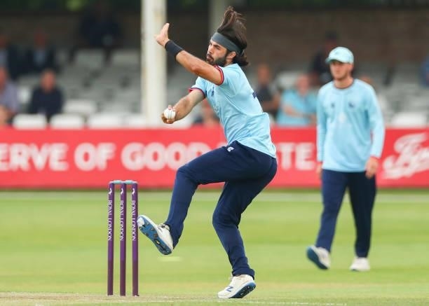 Shane Snater of Essex bowls during the Royal London Cup match between Essex and Middlesex at Cloudfm County Ground on July 25, 2021 in Chelmsford,...