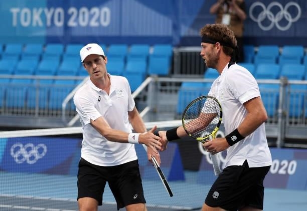 Michael Venus of Team New Zealand and Marcus Daniell of Team New Zealand during their Men's Doubles First Round match against Egor Gerasimov of Team...