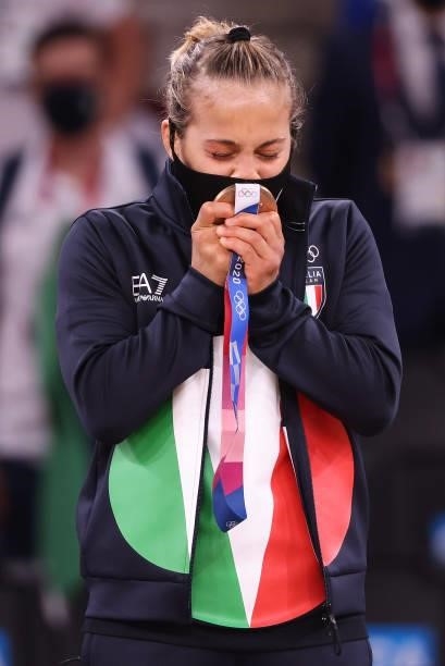 Bronze A medalist Odette Giuffrida of Team Italy poses on the podium during the medal ceremony for the Women’s Judo 52kg on day two of the Tokyo 2020...