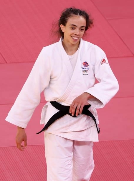 Chelsie Giles of Team Great Britain reacts after defeating Fabienne Kocher of Team Switzerland during the Women’s Judo 52kg Contest for Bronze Medal...