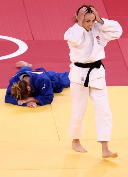 Chelsie Giles of Team Great Britain reacts after defeating Fabienne Kocher of Team Switzerland during the Women’s Judo 52kg Contest for Bronze Medal...