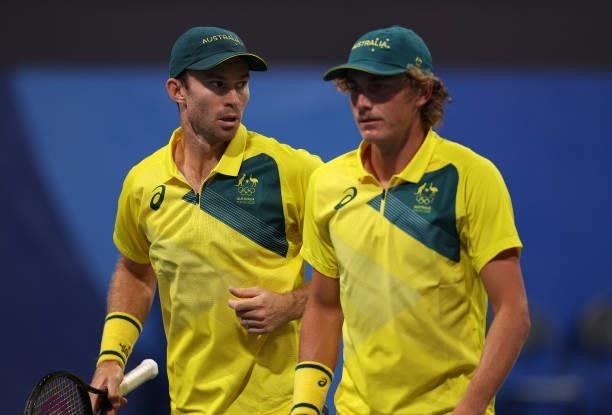 John Peers of Team Australia and Max Purcell of Team Australia during their Men's Doubles First Round match against Tennys Sandgren of Team USA and...