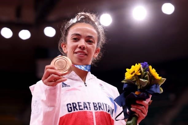 Bronze B medalist Chelsie Giles of Team Great Britain poses on the podium during the medal ceremony for the Women’s Judo 52kg Final on day two of the...