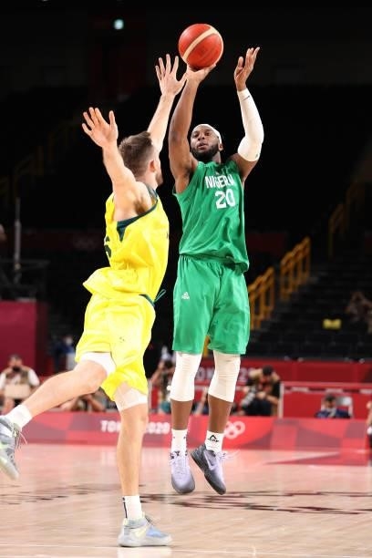 Josh Okogie of Team Nigeria takes a jump shot against Team Australia during the second half of the Men's Preliminary Round Group B game on day two of...