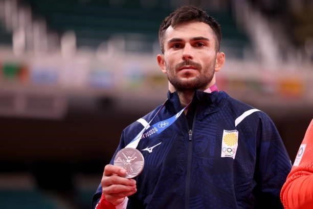 Silver medalist Vazha Margvelashvili of Team Georgia poses on the podium during the medal ceremony for the Men’s Judo 66kg Final on day two of the...