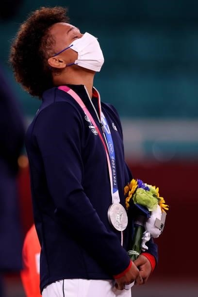 Silver medalist Amandine Buchard of Team France poses on the podium during the medal ceremony for the Women’s Judo 52kg on day two of the Tokyo 2020...