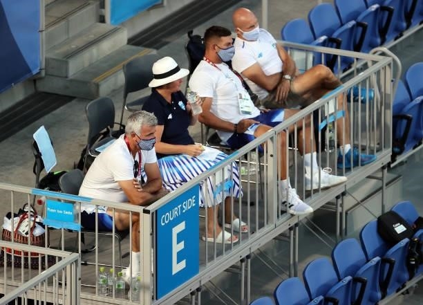Stefanos Tsitsipas of Team Greece support watch during his Men's Singles First Round match against Philipp Kohlschreiber of Team Germany on day two...