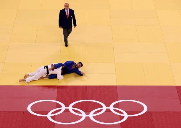 Hifumi Abe of Team Japan celebrates defeats Vazha Margvelashvili of Team Georgia compete during the Men’s Judo 66kg Final on day two of the Tokyo...