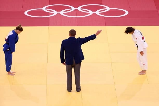 Chelsie Giles of Team Great Britain bows to Charlie van Snick of Team Belgium after she won the Women’s 52kg Judo Repechage contest on day two of the...