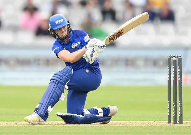 Heather Knight of London Spirit bats during The Hundred match between London Spirit and Oval Invincibles at Lord's Cricket Ground on July 25, 2021 in...