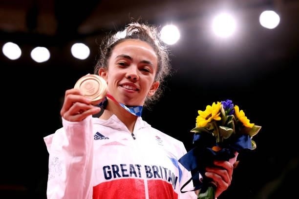 Bronze B medalist Chelsie Giles of Team Great Britain poses on the podium during the medal ceremony for the Women’s Judo 52kg Final on day two of the...