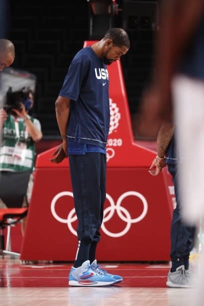 Kevin Durant stands for the National Anthem before the start of the game against France in the Men's Preliminary Round Group B game on day two of the...