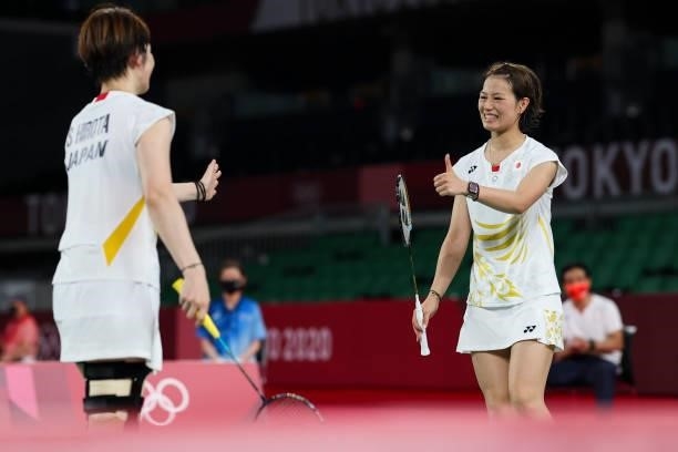 Yuki Fukushima and Sayaka Hirota of Team Japan react as they win against Chow Mei Kuan and Lee Meng Yean of Team Malaysia during a Women's Doubles...