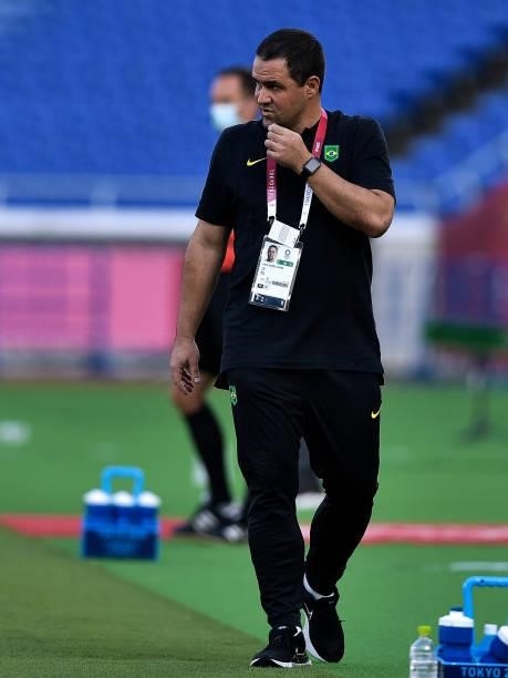 Coach Andre Jardine of Brazil during the Tokyo 2020 Olympic Mens Football Tournament match between Brazil and Ivory Coast at Nissan Stadium on July...