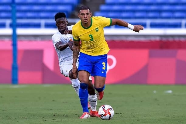 Youssouf Dao of Ivory Coast and Diego Carlos of Brazil during the Tokyo 2020 Olympic Mens Football Tournament match between Brazil and Ivory Coast at...