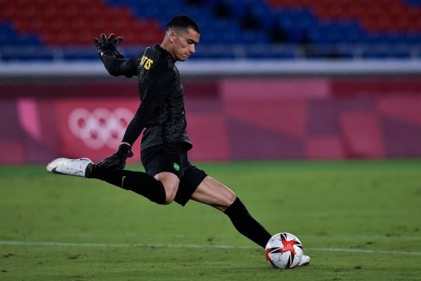 Santos of Brazil during the Tokyo 2020 Olympic Mens Football Tournament match between Brazil and Ivory Coast at Nissan Stadium on July 25, 2021 in...