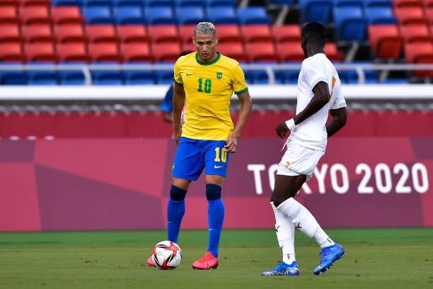 Richarlison of Brazil and Eric Bailly of Ivory Coast during the Tokyo 2020 Olympic Mens Football Tournament match between Brazil and Ivory Coast at...