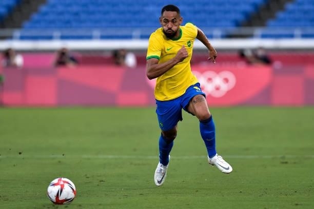 Matheus Cunha of Brazil during the Tokyo 2020 Olympic Mens Football Tournament match between Brazil and Ivory Coast at Nissan Stadium on July 25,...