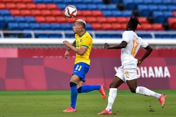 Antony of Brazil and Zie Ouattara of Ivory Coast during the Tokyo 2020 Olympic Mens Football Tournament match between Brazil and Ivory Coast at...
