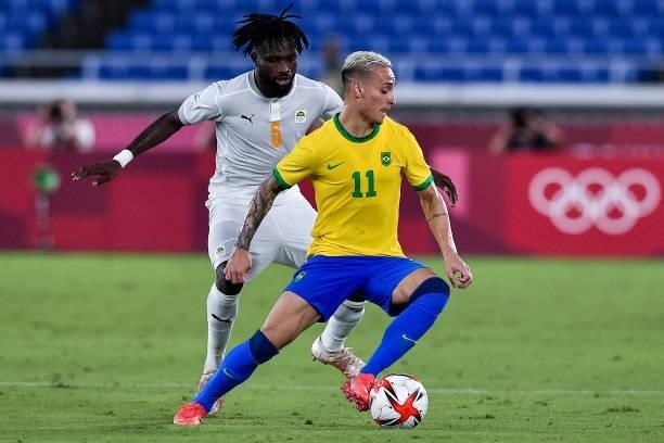Ismael Diallo of Ivory Coast and Richarlison of Brazil during the Tokyo 2020 Olympic Mens Football Tournament match between Brazil and Ivory Coast at...