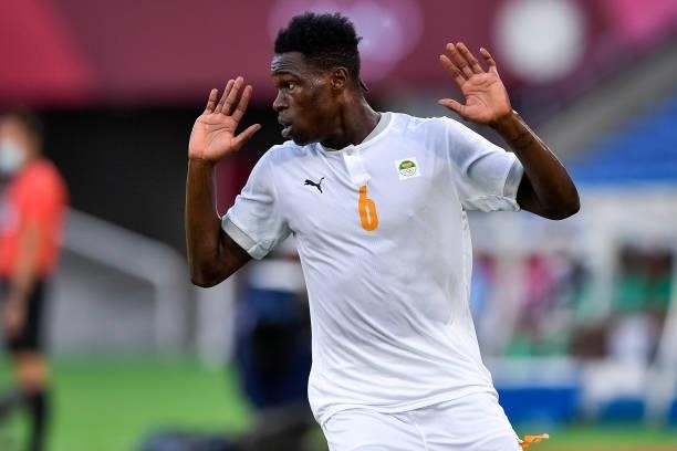 Wilfried Singo of Ivory Coast during the Tokyo 2020 Olympic Mens Football Tournament match between Brazil and Ivory Coast at Nissan Stadium on July...