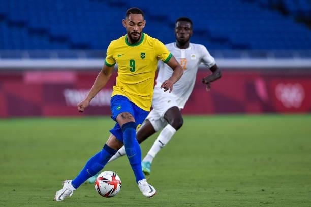 Matheus Cunha of Brazil during the Tokyo 2020 Olympic Mens Football Tournament match between Brazil and Ivory Coast at Nissan Stadium on July 25,...