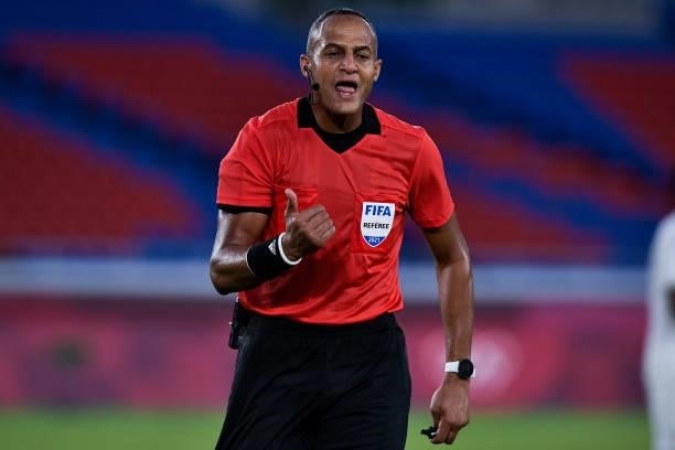 Referee Ismail Elfath of USA during the Tokyo 2020 Olympic Mens Football Tournament match between Brazil and Ivory Coast at Nissan Stadium on July...