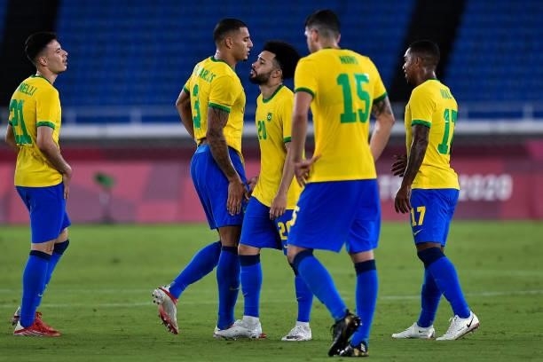 Diego Carlos of Brazil and Claudinho of Brazil look dejected during the Tokyo 2020 Olympic Mens Football Tournament match between Brazil and Ivory...