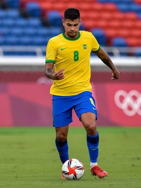 Bruno Guimaraes of Brazil during the Tokyo 2020 Olympic Mens Football Tournament match between Brazil and Ivory Coast at Nissan Stadium on July 25,...