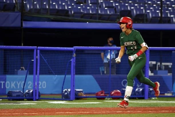 Anissa Urtez of Team Mexico celebrates after hitting a two-run home run in the fifth inning against Team Italy during the Softball Opening Round on...