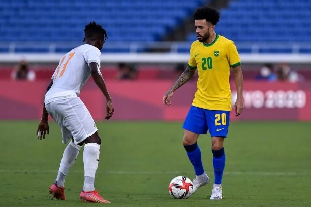 Zie Ouattara of Ivory Coast and Claudinho of Brazil during the Tokyo 2020 Olympic Mens Football Tournament match between Brazil and Ivory Coast at...