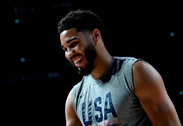 Jayson Tatum of the USA is seen during the warm-ups before the preliminary rounds of the Men's Basketball match between the USA and France on day two...