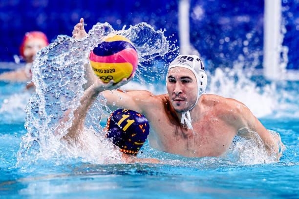 Stefan Mitrovic of Serbia, Blai Mallarach of Spain during the Tokyo 2020 Olympic Waterpolo Tournament Men match between Team Serbia and Team Spain at...