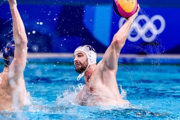 Filip Filipovic of Serbia during the Tokyo 2020 Olympic Waterpolo Tournament Men match between Team Serbia and Team Spain at Tatsumi Waterpolo Centre...