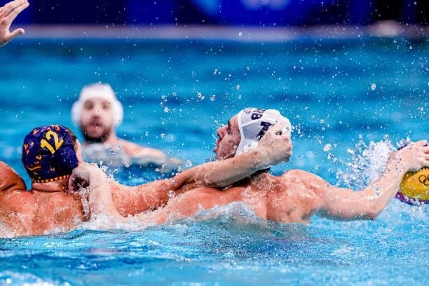 Alejandro Bustos of Spain, Stefan Mitrovic of Serbia during the Tokyo 2020 Olympic Waterpolo Tournament Men match between Team Serbia and Team Spain...