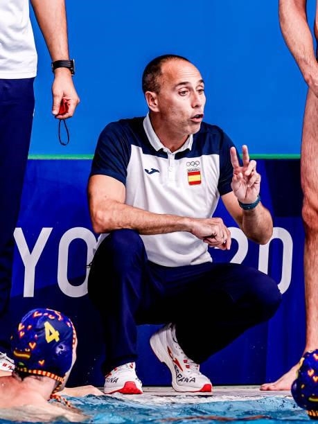 Head Coach David Martin of Spain during the Tokyo 2020 Olympic Waterpolo Tournament Men match between Team Serbia and Team Spain at Tatsumi Waterpolo...