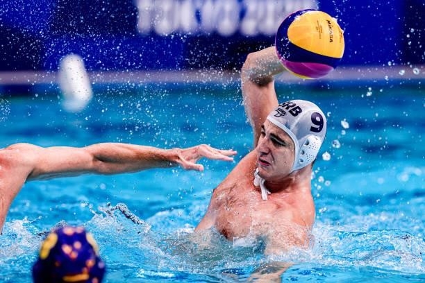 Nikola Jaksic of Serbia during the Tokyo 2020 Olympic Waterpolo Tournament Men match between Team Serbia and Team Spain at Tatsumi Waterpolo Centre...