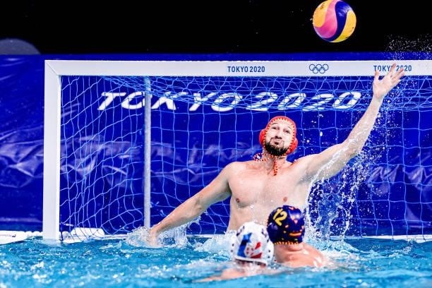 Daniel Lopez Pinedo of Spain during the Tokyo 2020 Olympic Waterpolo Tournament Men match between Team Serbia and Team Spain at Tatsumi Waterpolo...