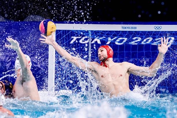 Branislav Mitrovic of Serbia during the Tokyo 2020 Olympic Waterpolo Tournament Men match between Team Serbia and Team Spain at Tatsumi Waterpolo...