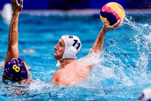 Francisco Fernandez of Spain, Andrija Prlainovic of Serbia during the Tokyo 2020 Olympic Waterpolo Tournament Men match between Team Serbia and Team...