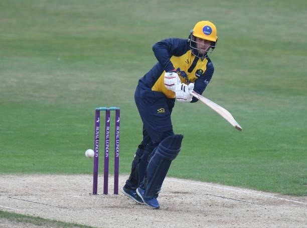 Billy Root of Glamorgan bats during the Royal London Cup match between Northamptonshire and Glamorgan at The County Ground on July 25, 2021 in...