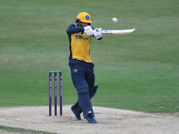 Billy Root of Glamorgan bats during the Royal London Cup match between Northamptonshire and Glamorgan at The County Ground on July 25, 2021 in...