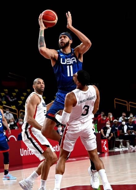 Javale McGee of the USA drives to the basket during the preliminary rounds of the Men's Basketball match between the USA and France on day two of the...