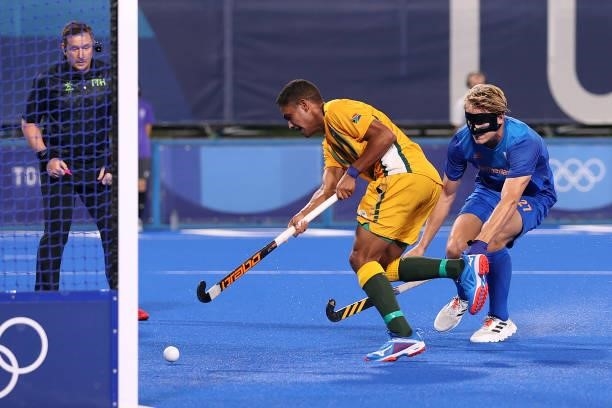 Abdud Dayaan Cassiem of Team South Africa scores their team's second goal during the Men's Preliminary Pool B match between South Africa and the...