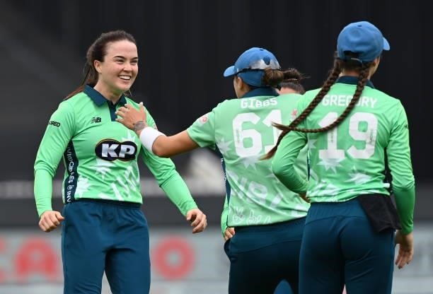 Mady Villiers of Oval Invincibles celebrates after taking a wicket during The Hundred match between London Spirit Women and Oval Invincibles Women at...