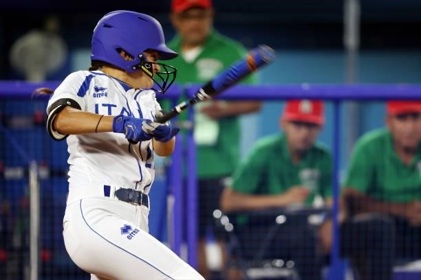Laura Vigna of Team Italy hits a single in the sixth inning against Team Mexico during the Softball Opening Round on day two of the Tokyo 2020...