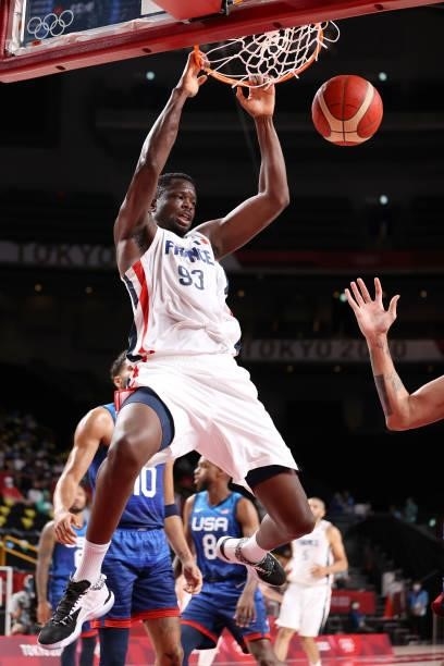 Moustapha Fall of Team France dunks against Team United States of America during the first half of the Men's Preliminary Round Group B game on day...